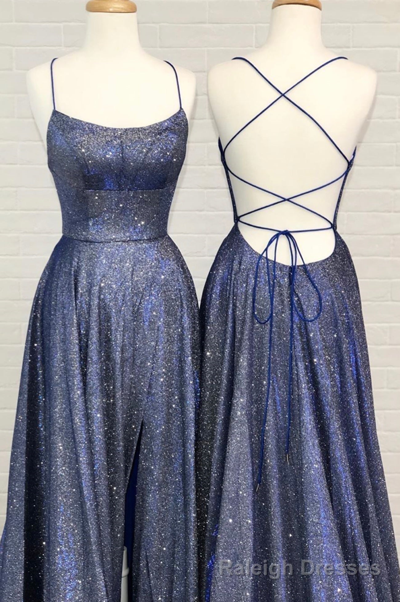 Blue A Line Backless Long Prom Dresses, Blue Prom Dresses