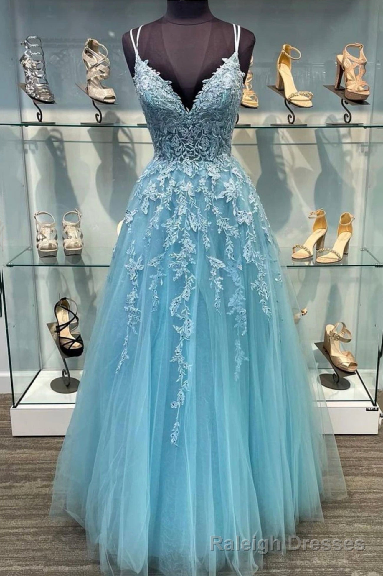 Blue V Neck Tulle Long Prom Dresses, A Line Prom Dresses with Lace Main image