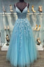 Blue V Neck Tulle Long Prom Dresses, A Line Prom Dresses with Lace