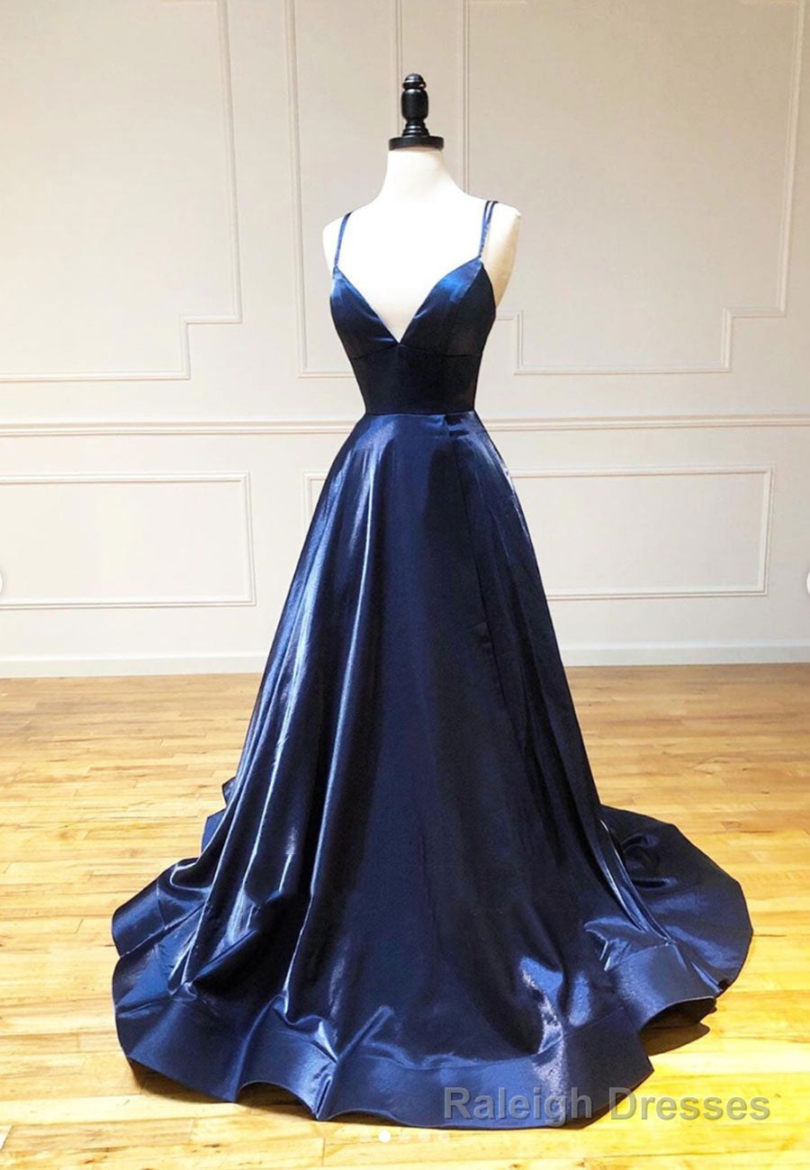 Simple Satin Long Prom Dresses, A Line Blue Evening Dresses Main image