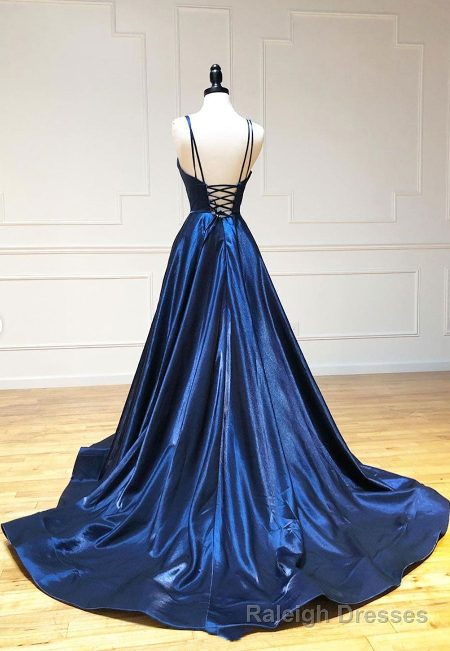 Simple Satin Long Prom Dresses, A Line Blue Evening Dresses Secondary image