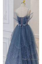 Gorgeous Blue Sparkly Tulle Beaded Prom Dress, Tiered Formal Gowns with Rhinestone