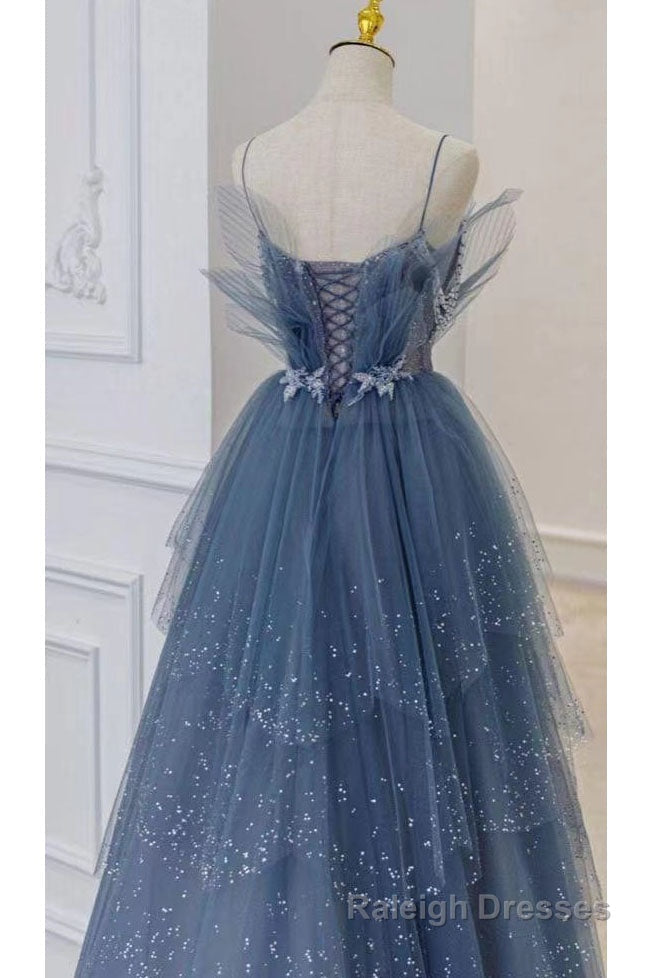 Gorgeous Blue Sparkly Tulle Beaded Prom Dress, Tiered Formal Gowns with Rhinestone