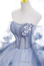 Blue Long Sleeves Tulle Prom Dresses with Flowers Puffy Off the Shoulder Quinceanera Dresses