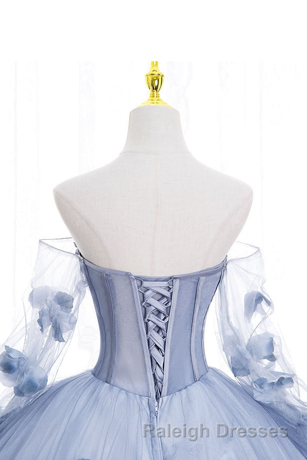 Blue Long Sleeves Tulle Prom Dress with Flowers, Puffy Off the Shoulder Quinceanera Dress