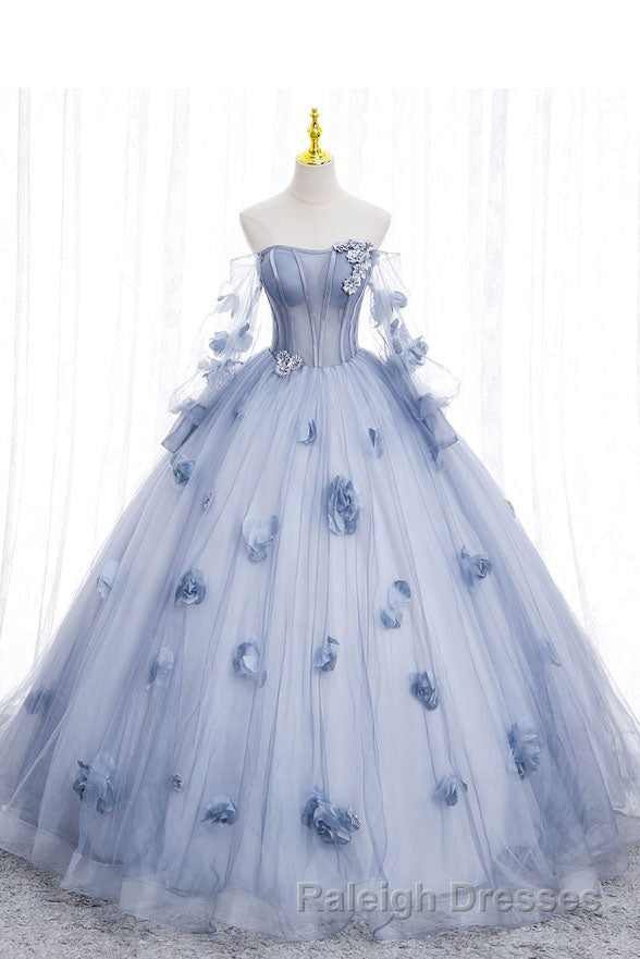 Blue Long Sleeves Tulle Prom Dresses with Flowers Puffy Off the Shoulder Quinceanera Dresses