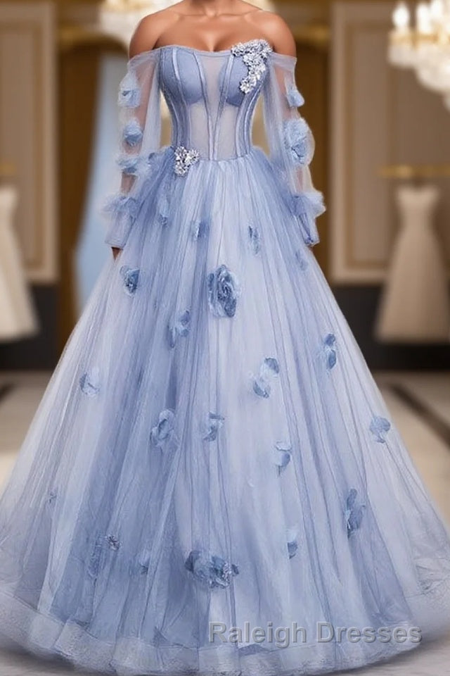 Blue Long Sleeves Tulle Prom Dress with Flowers, Puffy Off the Shoulder Quinceanera Dress Main image