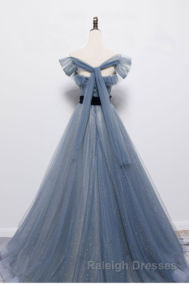 Blue Off the Shoulder Tulle Long Prom Dress with Sash, Sparkly Formal Gown Secondary image