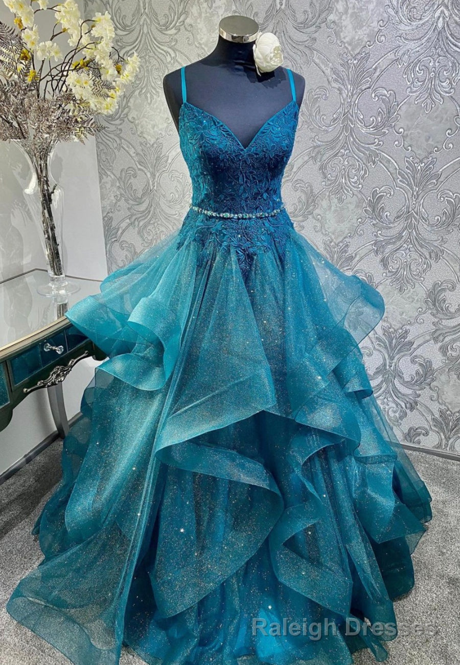 Blue Tulle Lace Long Prom Dresses, A Line Spaghetti Straps Prom Dresses Main image
