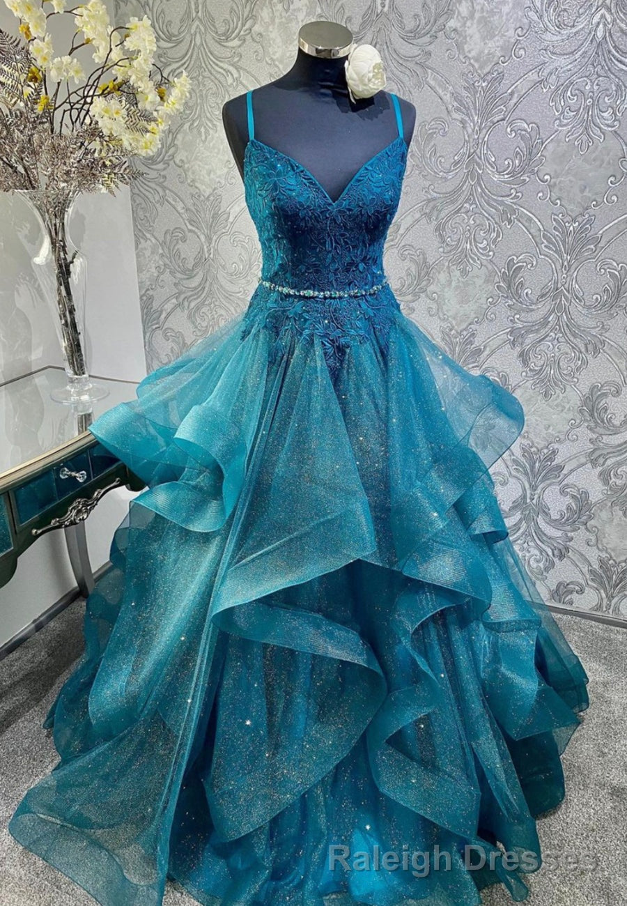 Blue Tulle Lace Long Prom Dresses, A-Line Spaghetti Straps Evening Dresses Main image