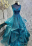 Blue Tulle Lace Long Prom Dresses, A-Line Spaghetti Straps Evening Dresses