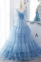 A Line V Neck New Style Tiered Long Tulle Prom Dresses Prom Gown with Flower