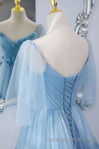 A Line V Neck New Style Tiered Long Tulle Prom Dresses Prom Gown with Flower