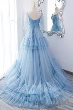 A Line V Neck New Style Tiered Long Tulle Prom Dresses Prom Gown with Flower