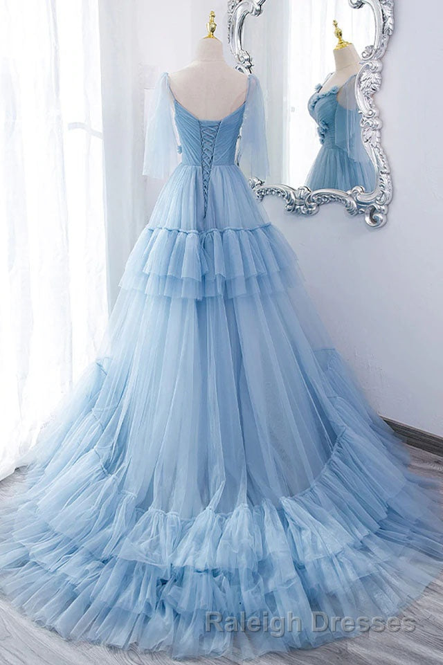 A Line V Neck New Style Tiered Long Tulle Prom Dresses Prom Gown with Flower