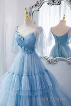 A Line V Neck New Style Tiered Long Tulle Prom Dresses Prom Gown with Flower