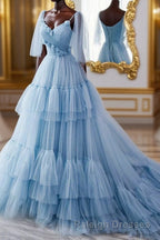 A Line V Neck New Style Tiered Long Tulle Prom Dresses Prom Gown with Flower