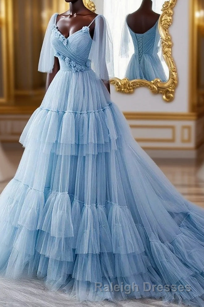 A Line V Neck New Style Tiered Long Tulle Prom Dresses Prom Gown with Flower