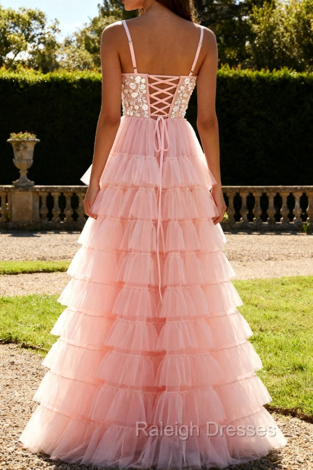 Blush Pink A Line Corset Sequins Tiered Ruffle Long Prom Dress with Appliques Secondary image
