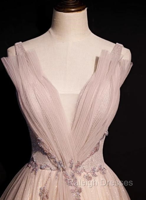 Blush Pink A-Line V-Neck Glitter Tulle With Beaded Long Prom Dress Adult Ceremony Evening Dress
