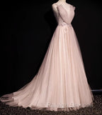 Blush Pink A-Line V-Neck Glitter Tulle With Beaded Long Prom Dress Adult Ceremony Evening Dress