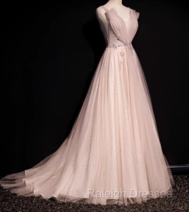 Blush Pink A-Line V-Neck Glitter Tulle With Beaded Long Prom Dress Adult Ceremony Evening Dress