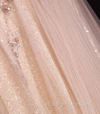 Blush Pink A-Line V-Neck Glitter Tulle With Beaded Long Prom Dress Adult Ceremony Evening Dress