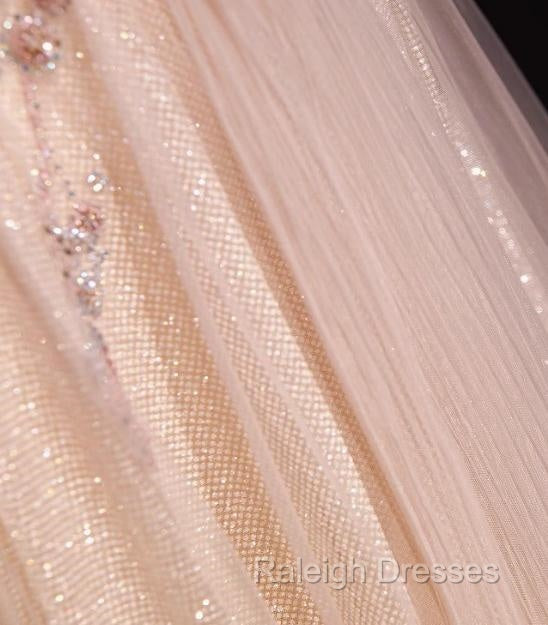 Blush Pink A-Line V-Neck Glitter Tulle With Beaded Long Prom Dress Adult Ceremony Evening Dress