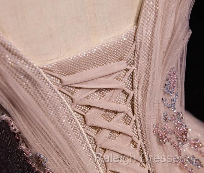 Blush Pink A-Line V-Neck Glitter Tulle With Beaded Long Prom Dress Adult Ceremony Evening Dress