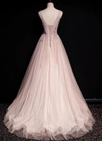 Blush Pink A-Line V-Neck Glitter Tulle With Beaded Long Prom Dress Adult Ceremony Evening Dress