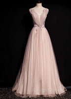 Blush Pink A-Line V-Neck Glitter Tulle With Beaded Long Prom Dress Adult Ceremony Evening Dress