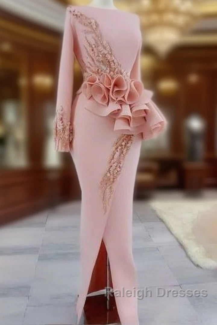 Blush Pink Aso Ebi Evening Dresses Long Sleeves Peplum Beads Appliques Pearls Side Split Mermaid Prom Dress Main image