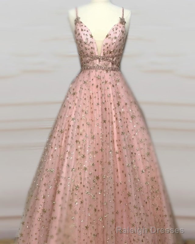 Blush Pink Ball Gown V-Neck Prom Dresses With Gold Stars Secondary image