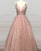 Blush Pink Ball Gown V-Neck Prom Dresses With Gold Stars
