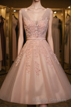 Blush Pink Lace Appliqued Tulle Homecoming Dress Prom Dresses