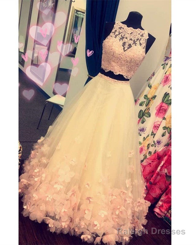 Blush Pink Lace Crop Tulle Two Piece Ball Gown Quinceanera Dress