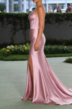 Blush Pink Mermaid Strapless Pleated Corset Prom Dresses Long with Slit