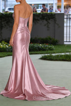 Blush Pink Mermaid Strapless Pleated Corset Prom Dresses Long with Slit