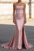 Blush Pink Mermaid Strapless Pleated Corset Prom Dresses Long with Slit