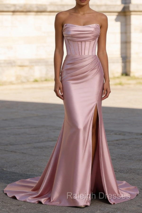 Blush Pink Mermaid Strapless Pleated Corset Prom Dresses Long with Slit