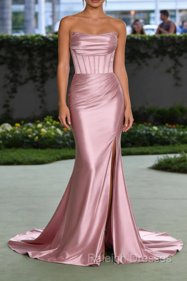 Blush Pink Mermaid Strapless Pleated Corset Prom Dresses Long with Slit