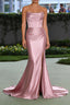 Blush Pink Mermaid Strapless Pleated Corset Prom Dresses Long with Slit