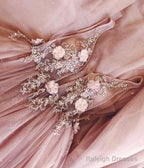 Blush Pink Tulle Wedding Dress Lace Flowers Embroidery Beaded