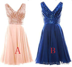 Blush Pink V Sleeveless Chiffon Short Bridesmaid Dresses With Rose Gold Sequins Prom Gowns