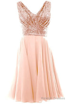 Blush Pink V Sleeveless Chiffon Short Bridesmaid Dress With Rose Gold Sequins Prom Gown