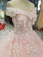 Blush Pink Wedding Dress Ball Gown Off Shoulder With 3D Lace Flowers