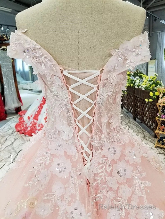 Blush Pink Wedding Dress Ball Gown Off Shoulder With 3D Lace Flowers