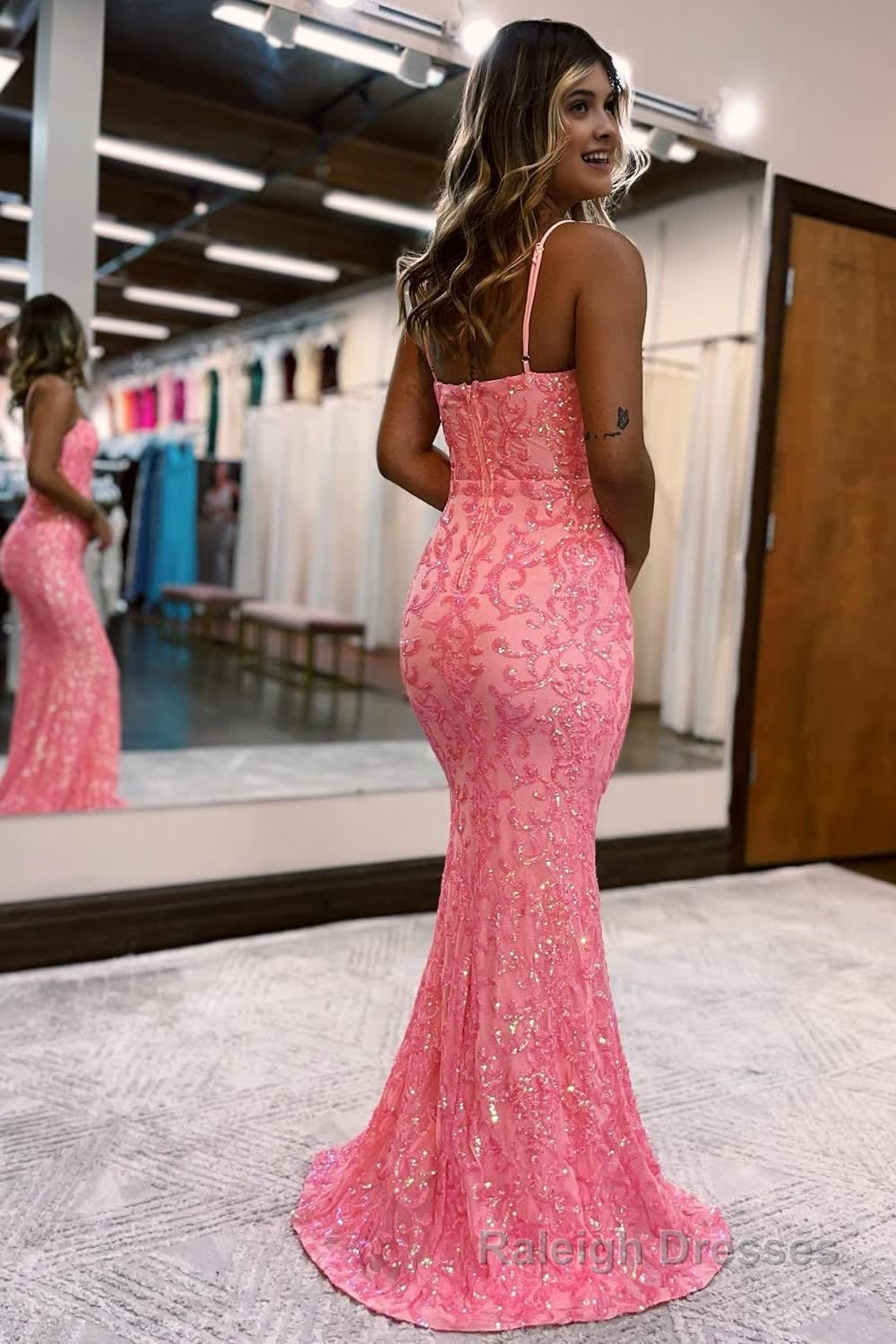 Blush Spaghetti Straps Sequins Mermaid Prom Dress Secondary image