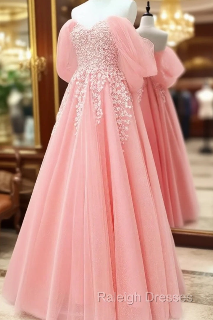 Blush Tulle A-Line Off Shoulder Appliques Dress