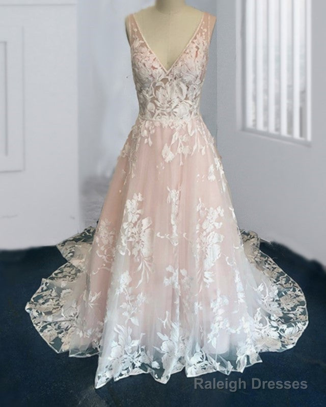 Blush Tulle Wedding Dress Ivory Lace V Neck Main image